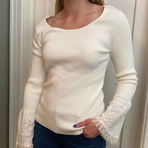 White House Black Market ribbed white lace bell-sleeve shirt